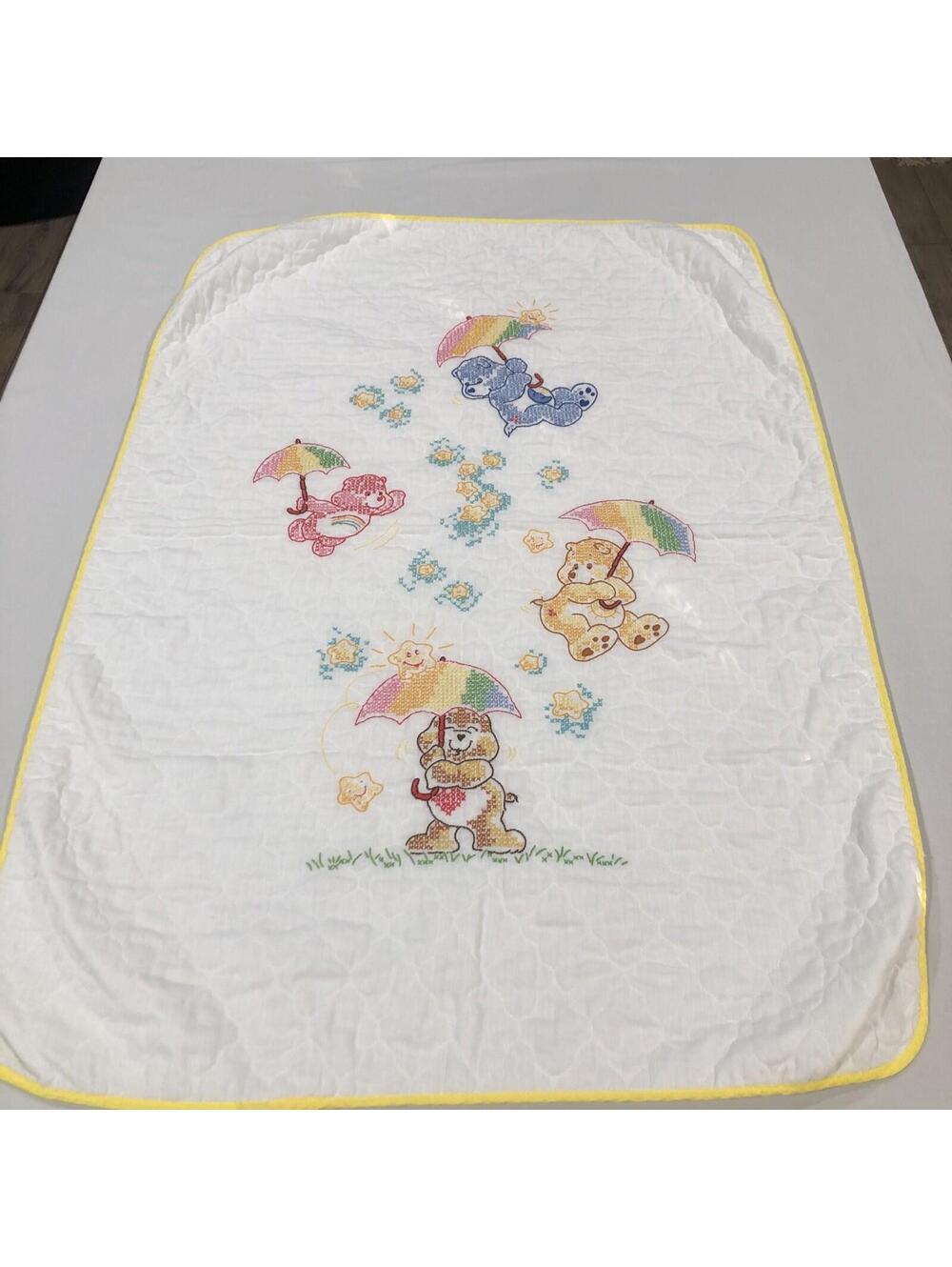 Handmade‎ Care Bear Baby Quilt Blanket 28"x40" Needlepoint Embroidered 80s Retro